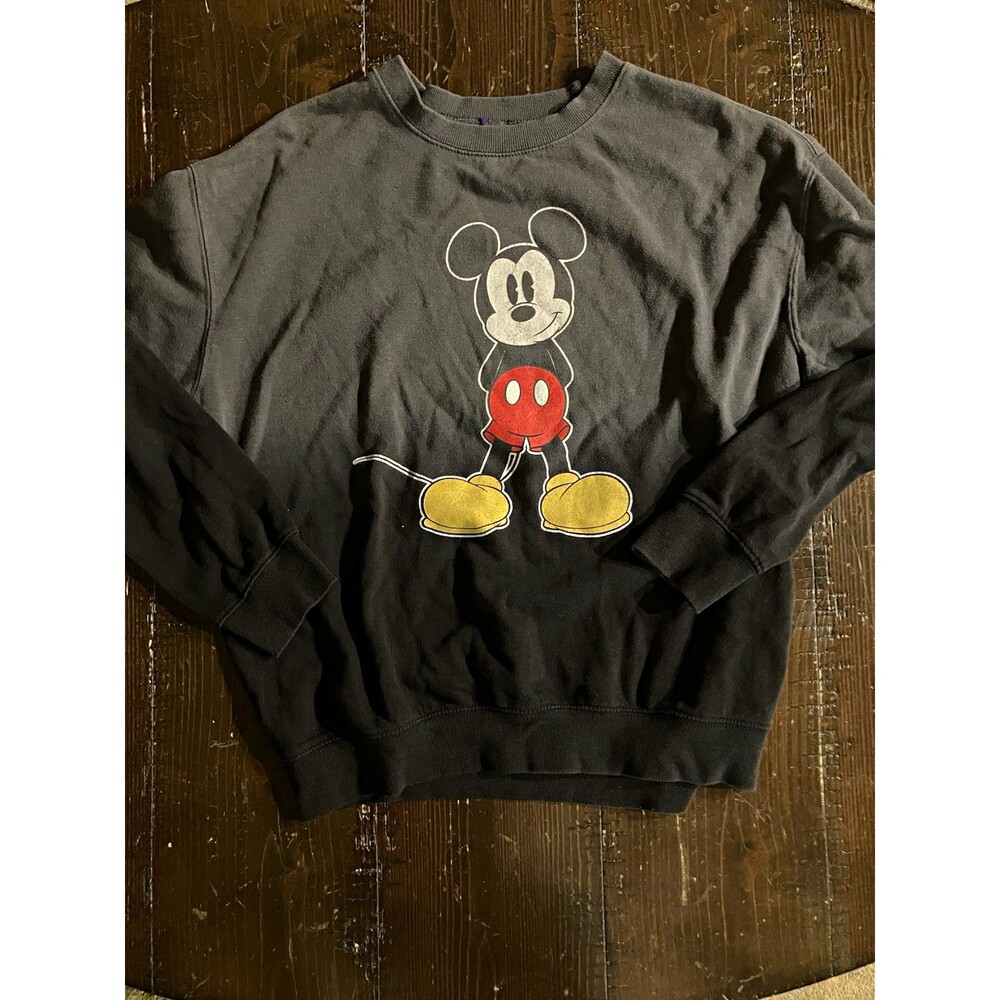Disney Mickey Mouse Graphic Print Fleece Crewneck Pullover Sweatshirt Black M